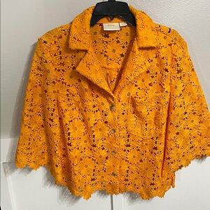 Anthropologie Maeve Orange Floral Lace button up top Sz Sm EUC